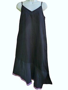 SiLK LiNeN Equipment Asymmetrical Maxi Slip Dress Navy Adj Straps Striped Border